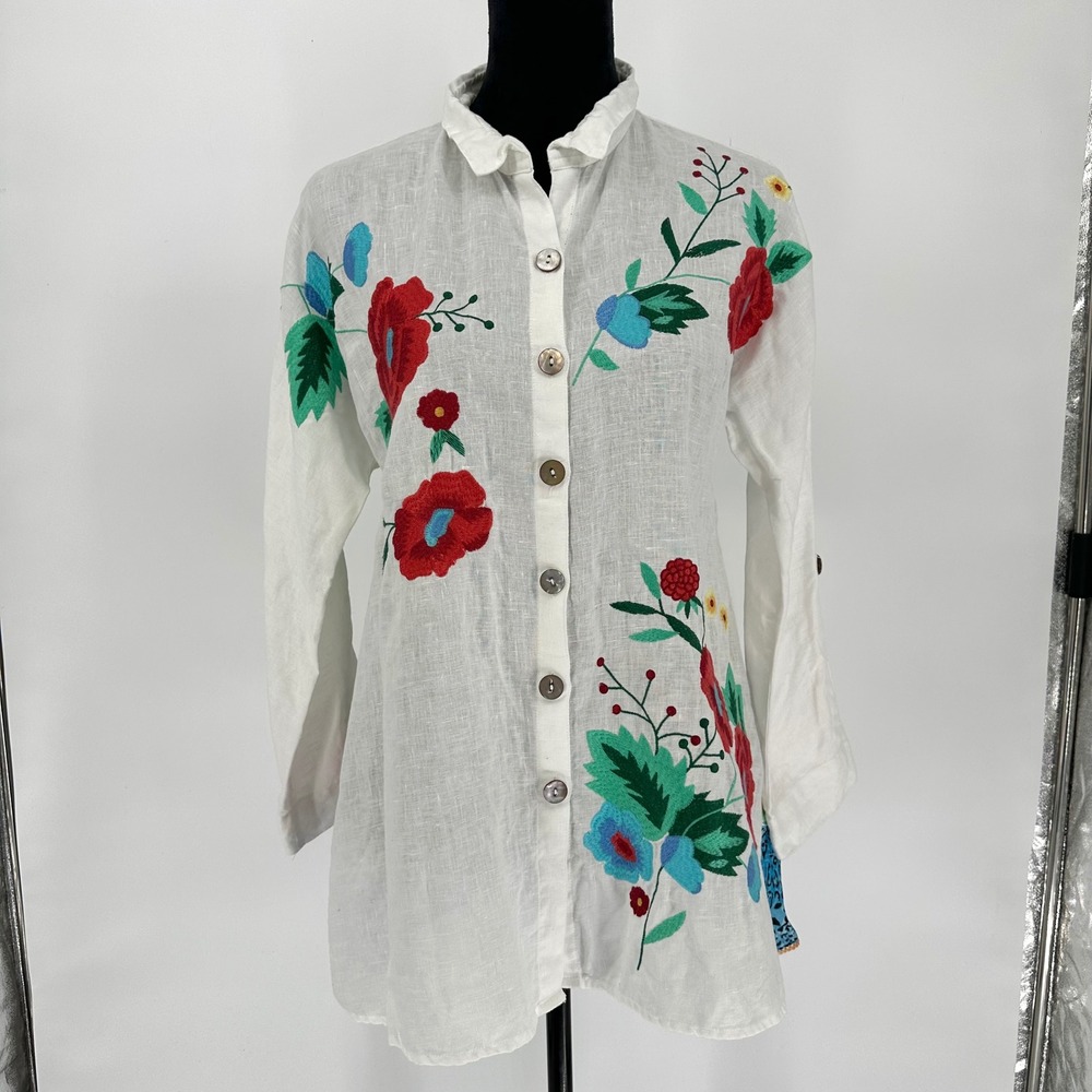 John Mark Floral‎ Embroidered 100% Linen White Tunic Button Up Roll Tab Boho S